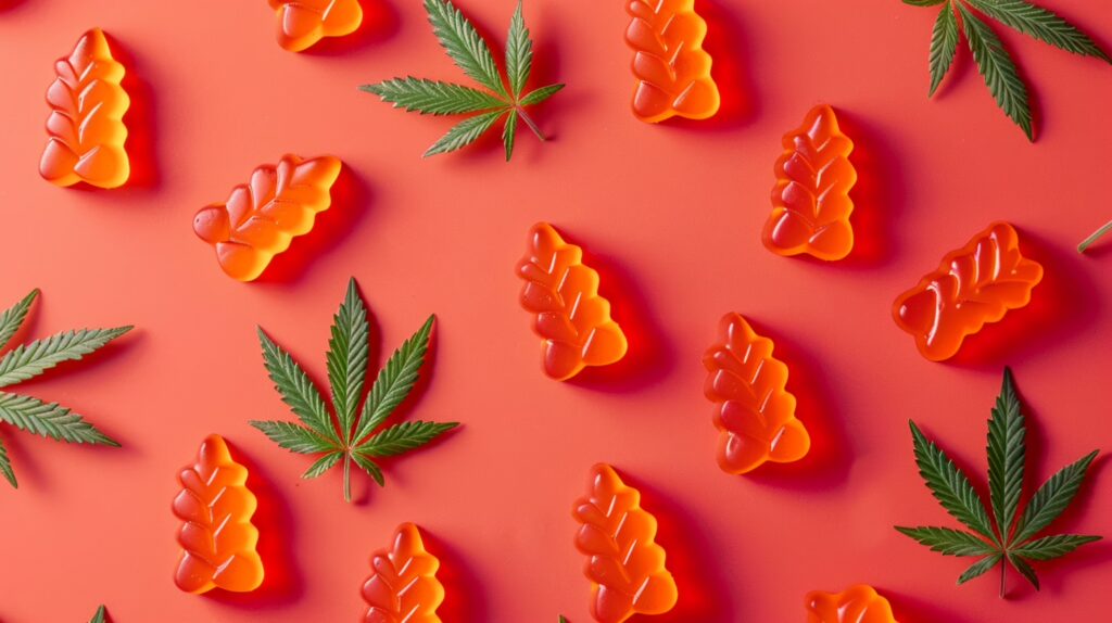 weed gummies cbd thc edibles recipe weed leafes and gummies colored background